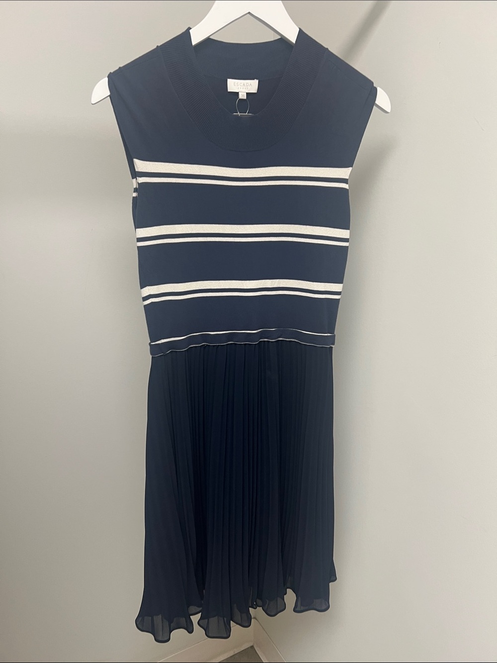 Escada Navy and White Striped Sleeveless Pleated Midi Dress